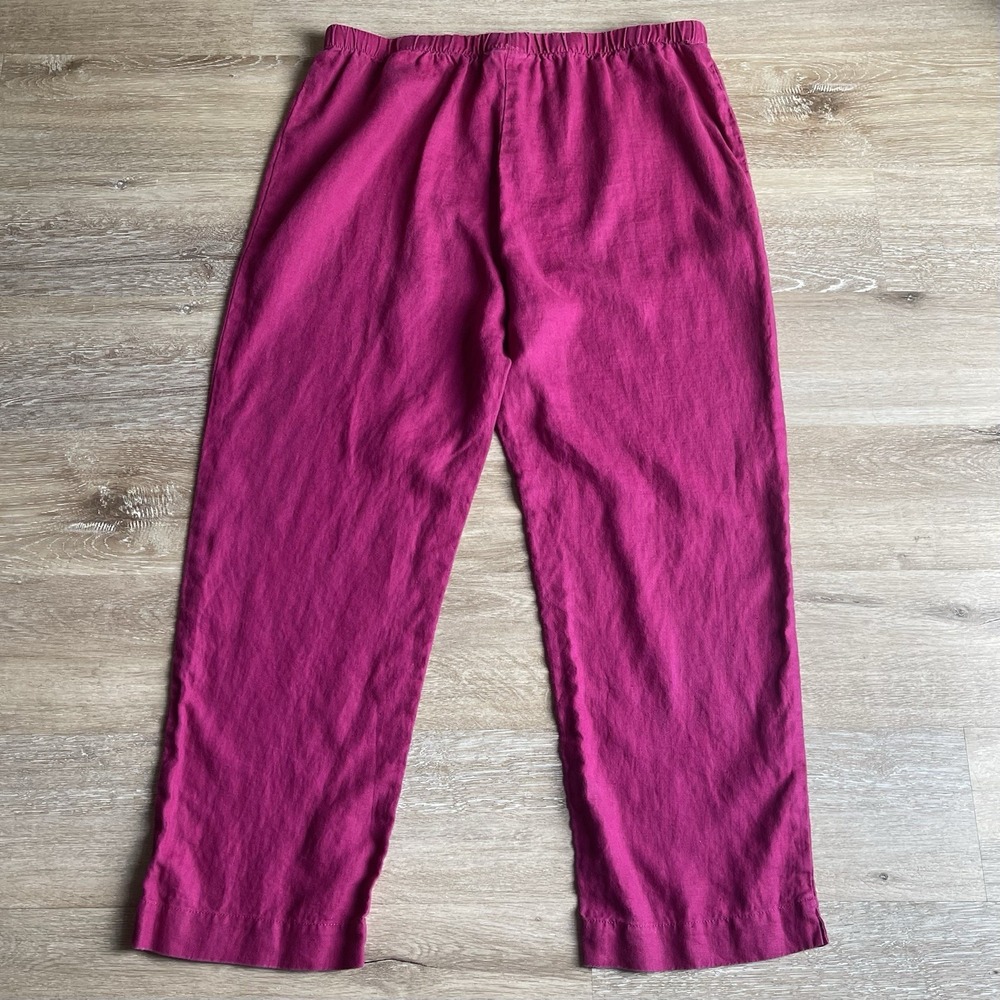 Hot Cotton Magenta Linen Pants XL Straight Leg Pull-On Elastic Waist - Picture 7 of 7